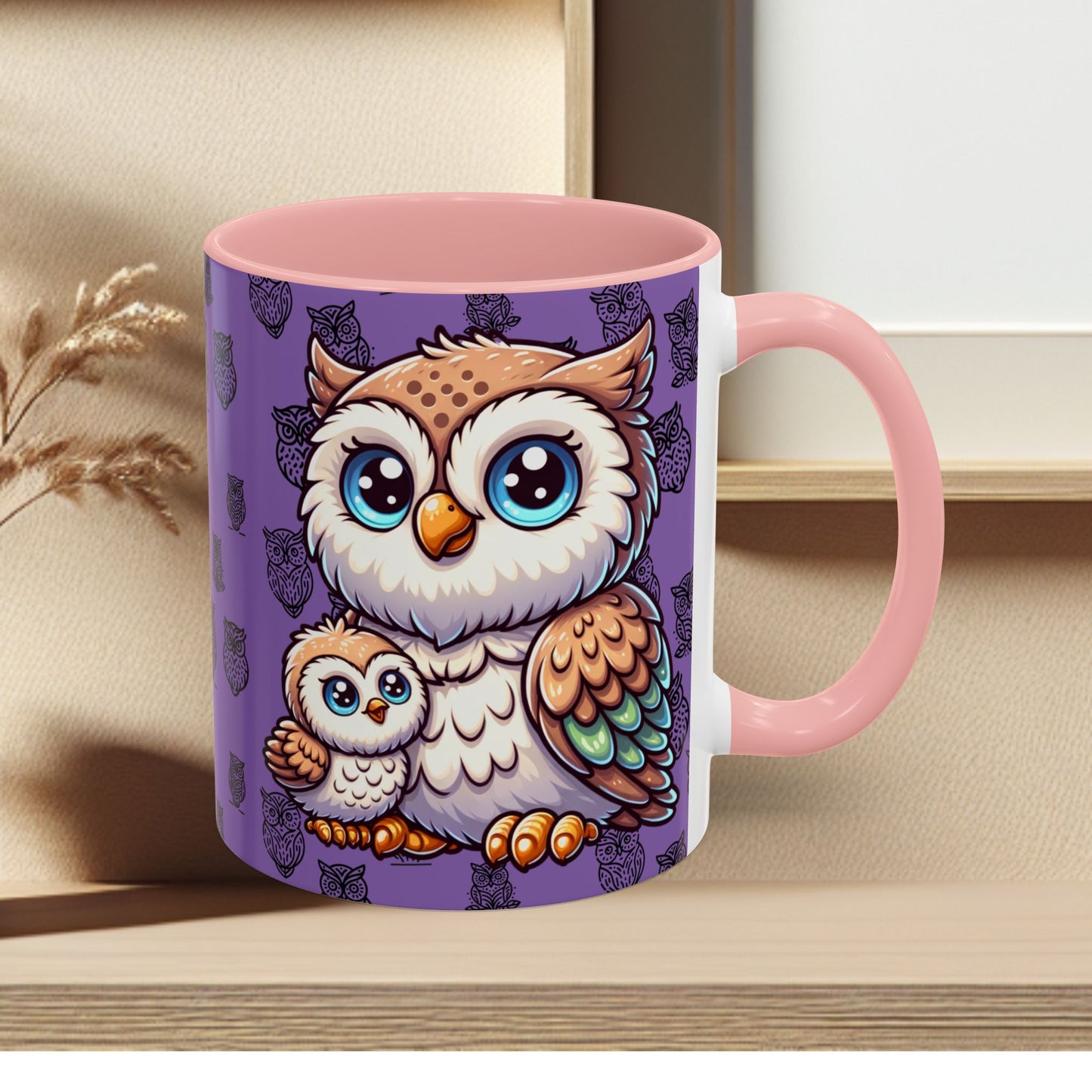 Purple Coffee Mug - Owl Family - Colorful Inspirational Owl Design