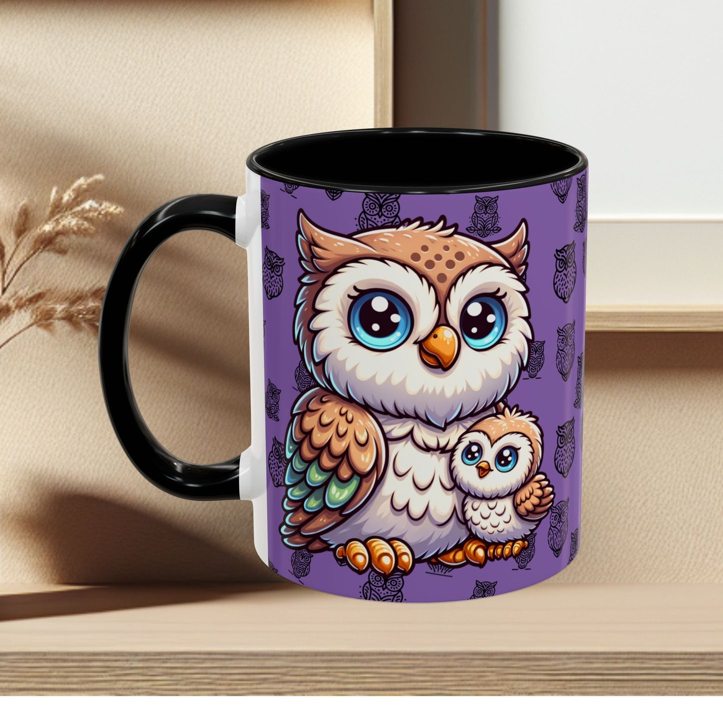 Purple Coffee Mug - Owl Family - Colorful Inspirational Owl Design