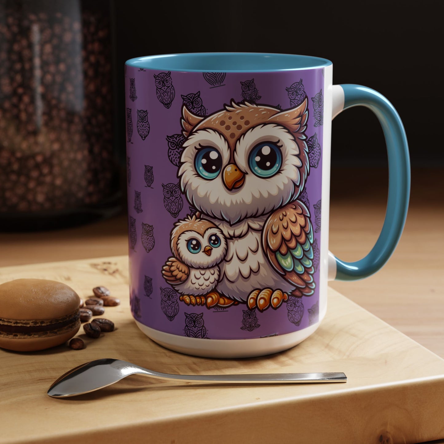 Purple Coffee Mug - Owl Family - Colorful Inspirational Owl Design
