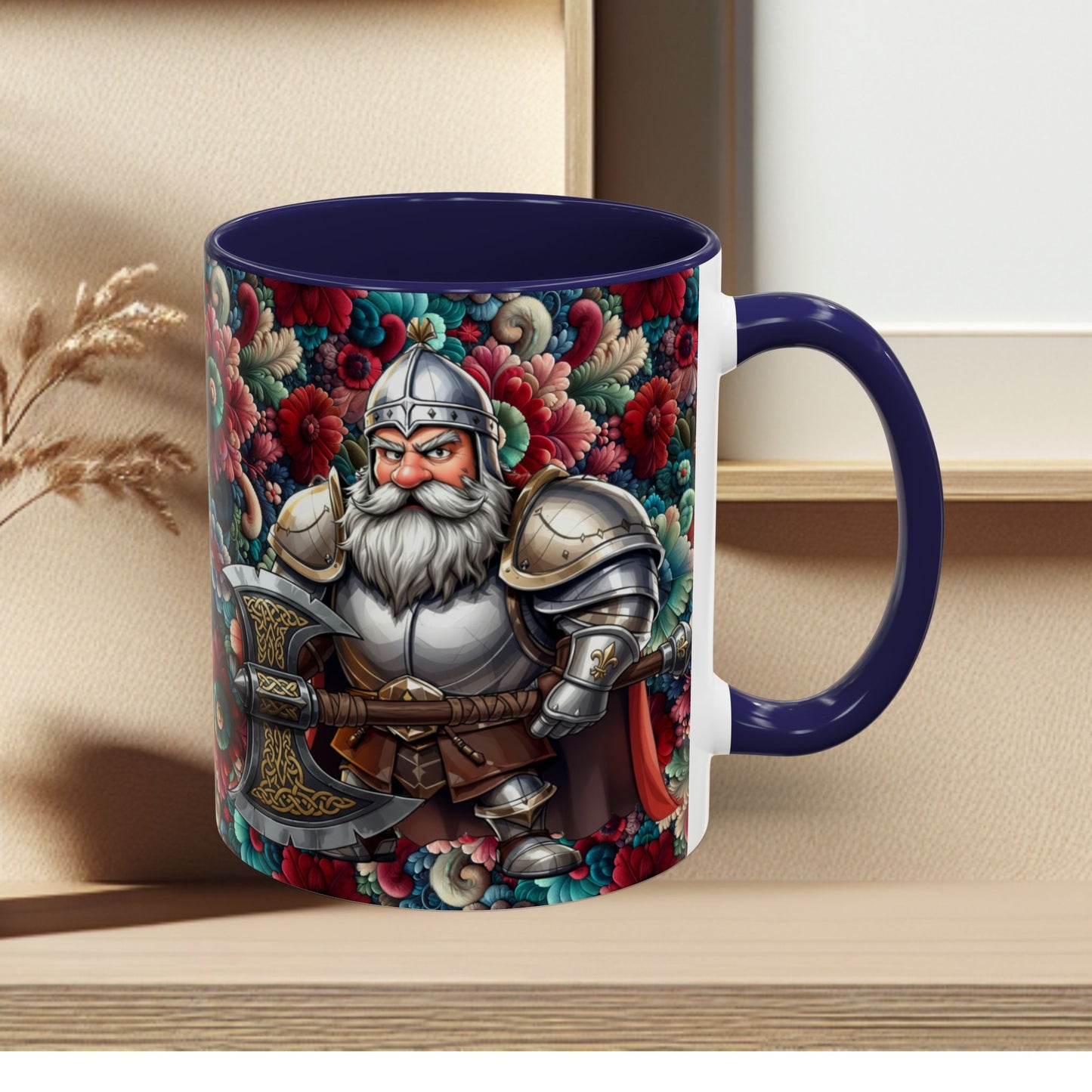 Adventurers Accent Coffee Mug — Dwarf within Armor with a Double-Bladed Battle Axe Design (11/15oz)