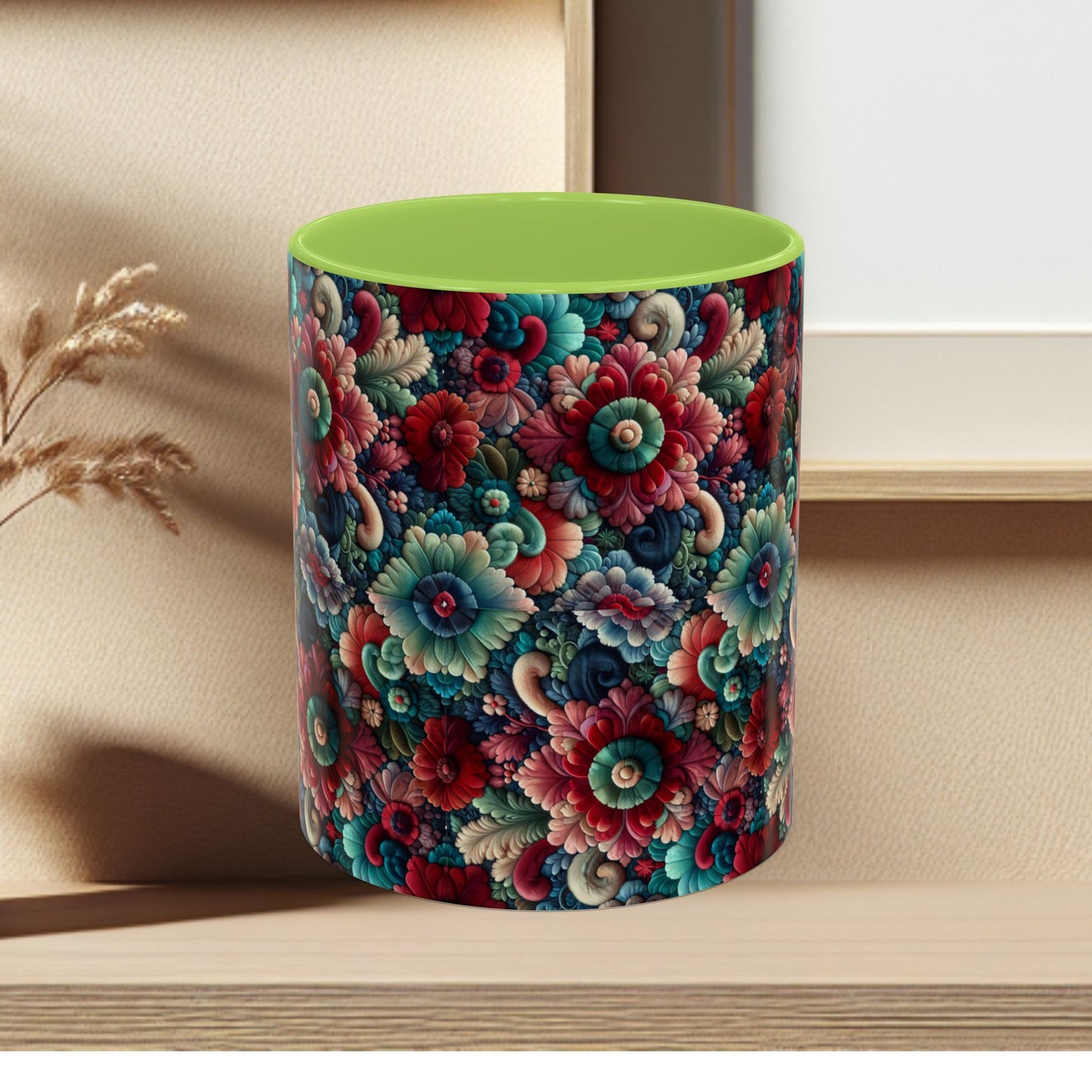 Beautiful Floral Pattern Accent Coffee Mug — Vibrant Vintage Bloom Design (11/15oz)