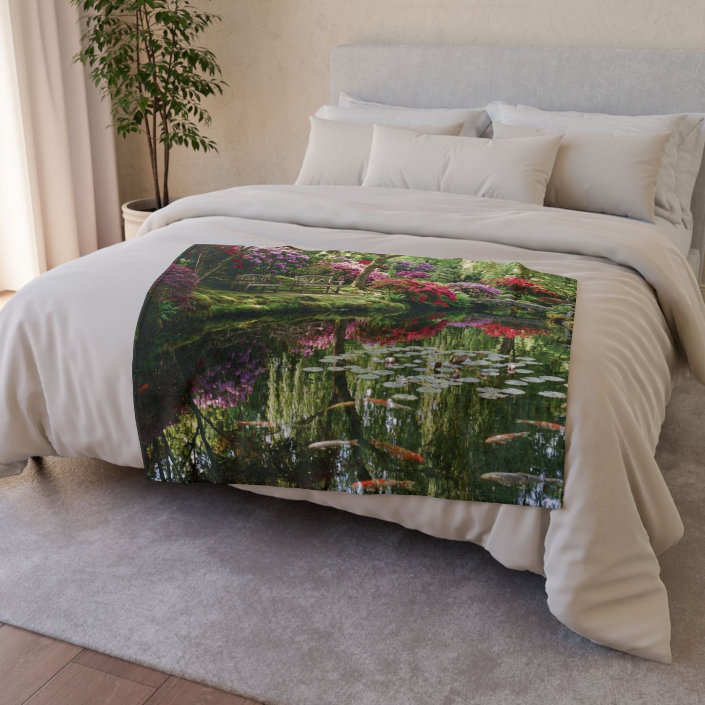 Japanese Garden Koi Pond Blanket – Floral Tranquility Throw