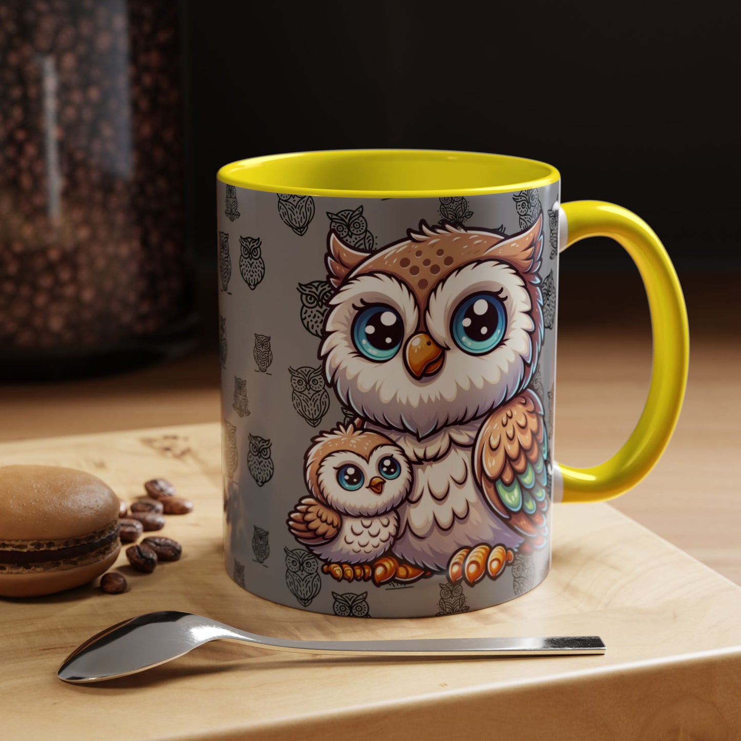 Gray Coffee Mug - Owl Family - Colorful Inspirational Owl Design