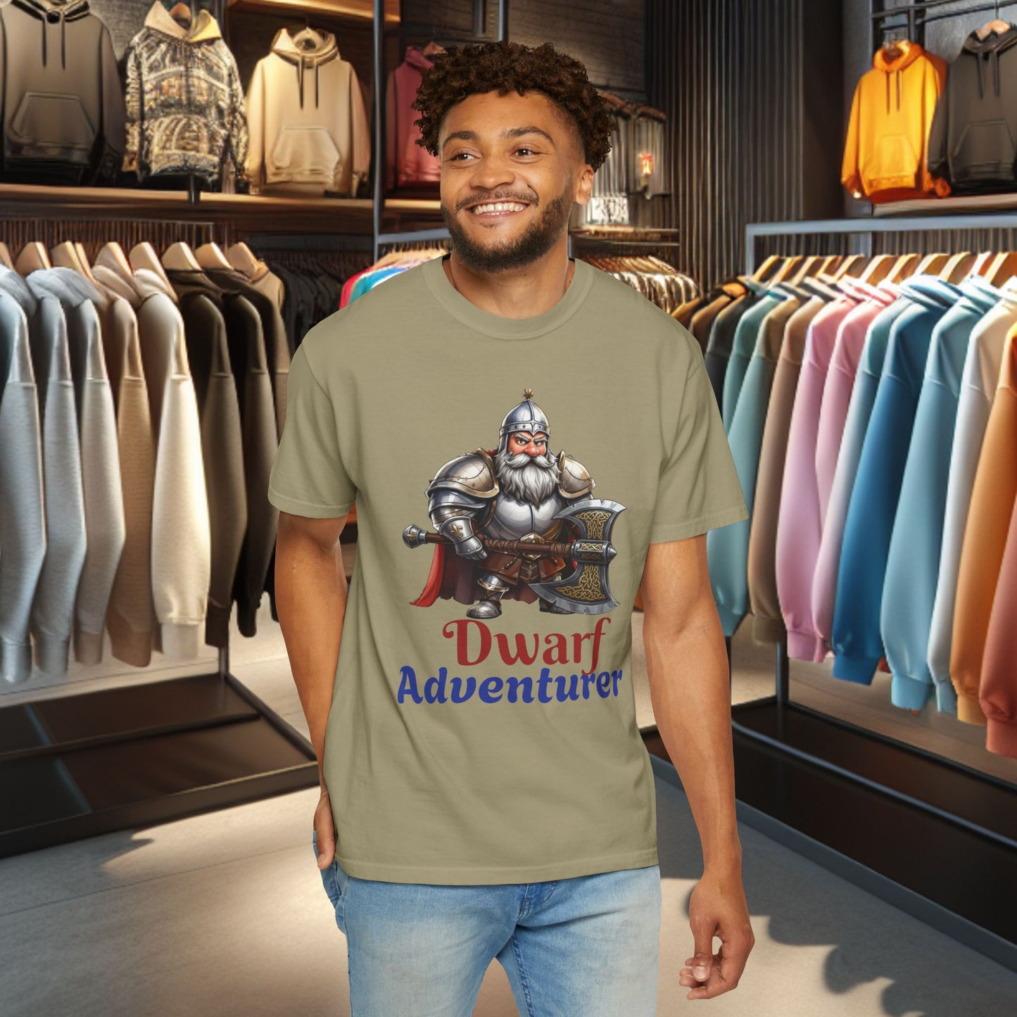 Dwarf Adventurer Tee — Dwarf with Armor and Battle Axe Graphic T-Shirt