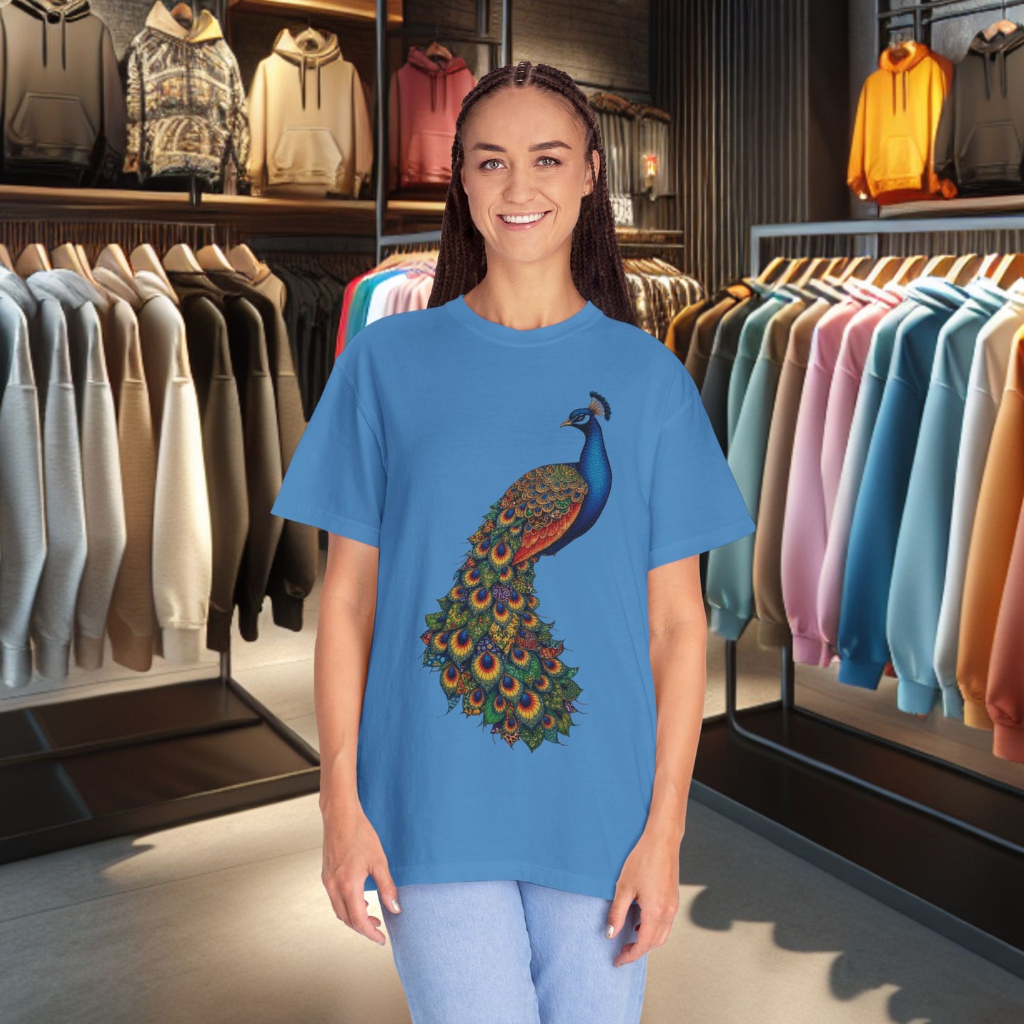 Patchwork Peacock, Garment-Dyed T-Shirt — pho Patchwork Festive Top
