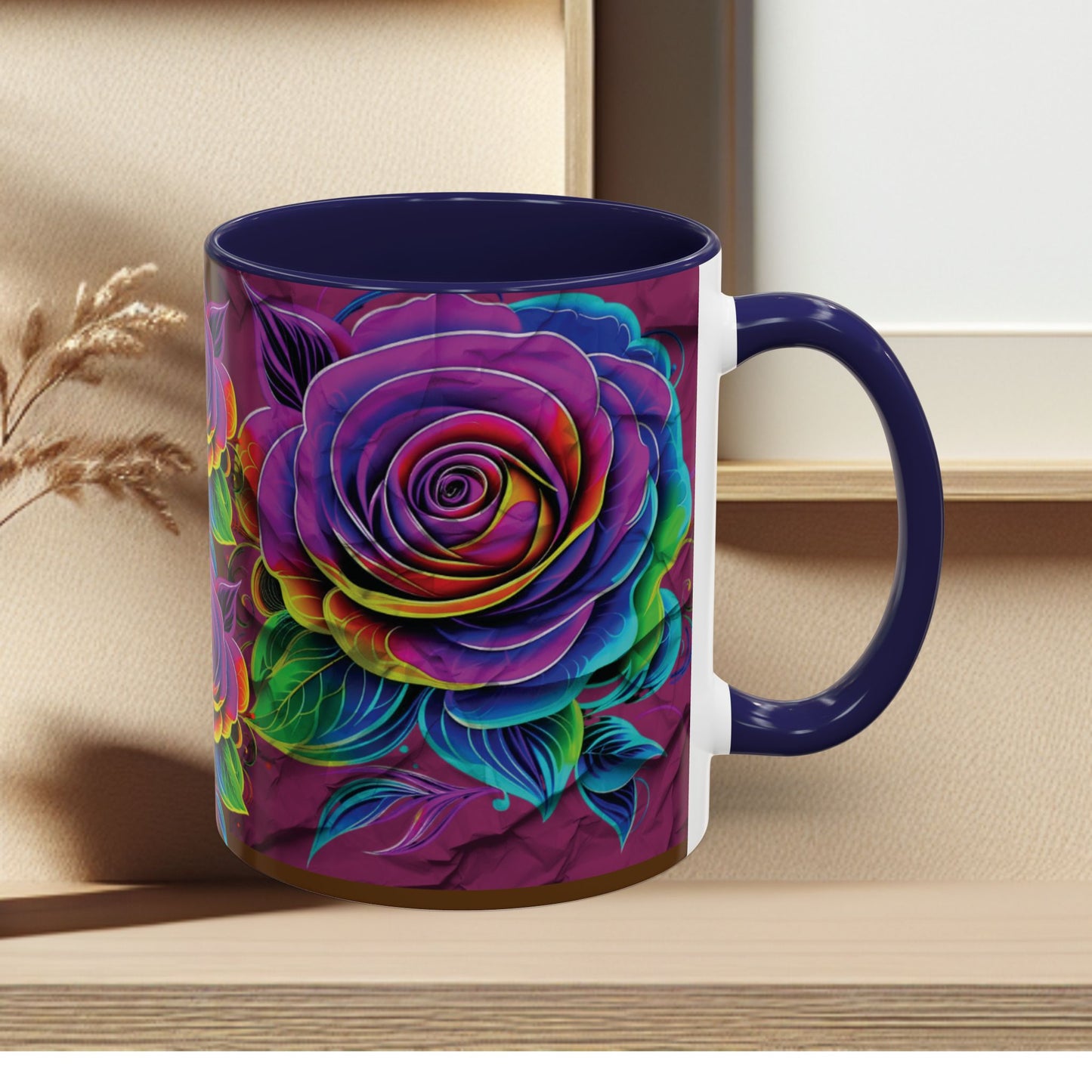 Rainbow Rose Accent Coffee Mug — Colorful Floral 11/15oz