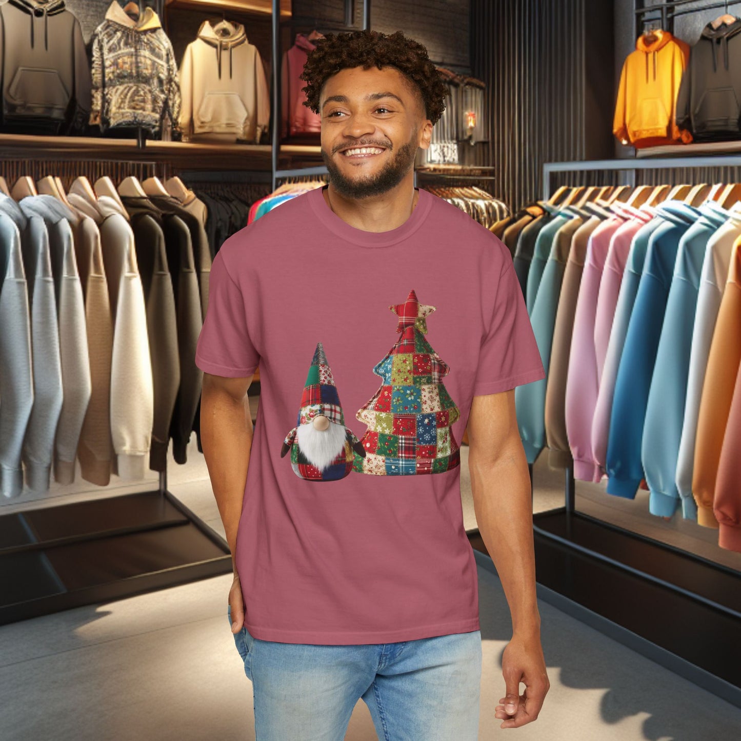 Patchwork Gnome and Christmas Tree, Garment-Dyed T-Shirt — pho Patchwork Festive Top