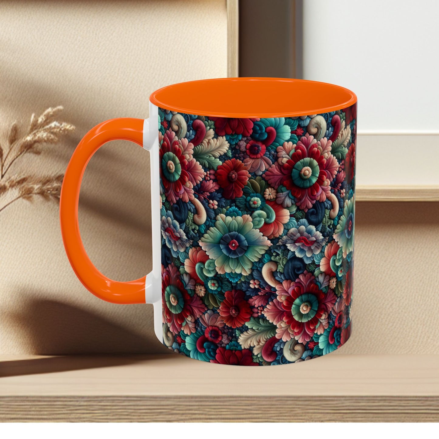 Beautiful Floral Pattern Accent Coffee Mug — Vibrant Vintage Bloom Design (11/15oz)