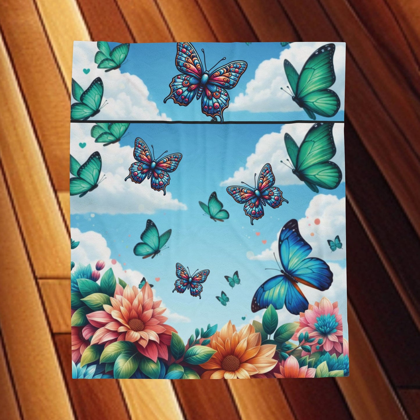 Butterfly Garden Velveteen Plush Blanket — Floral Blue Sky Cozy Throw for Women & Kids