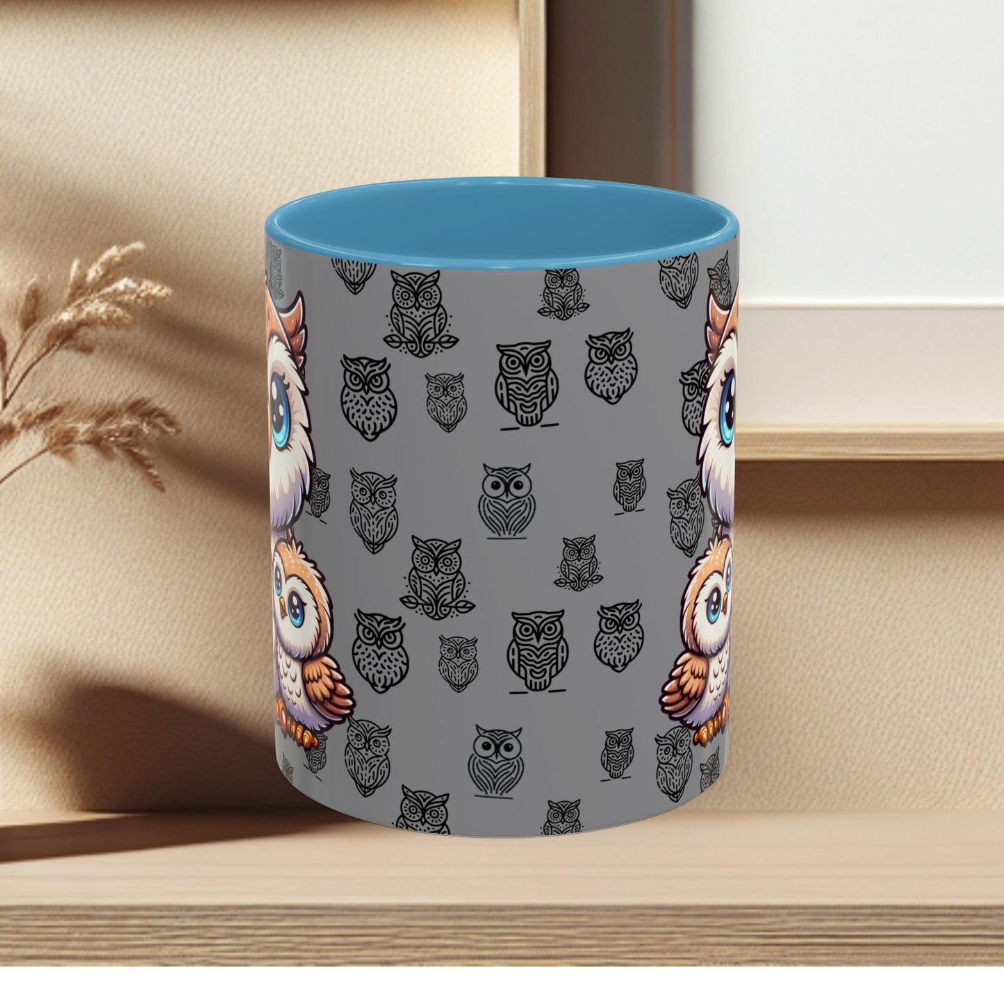 Gray Coffee Mug - Owl Family - Colorful Inspirational Owl Design