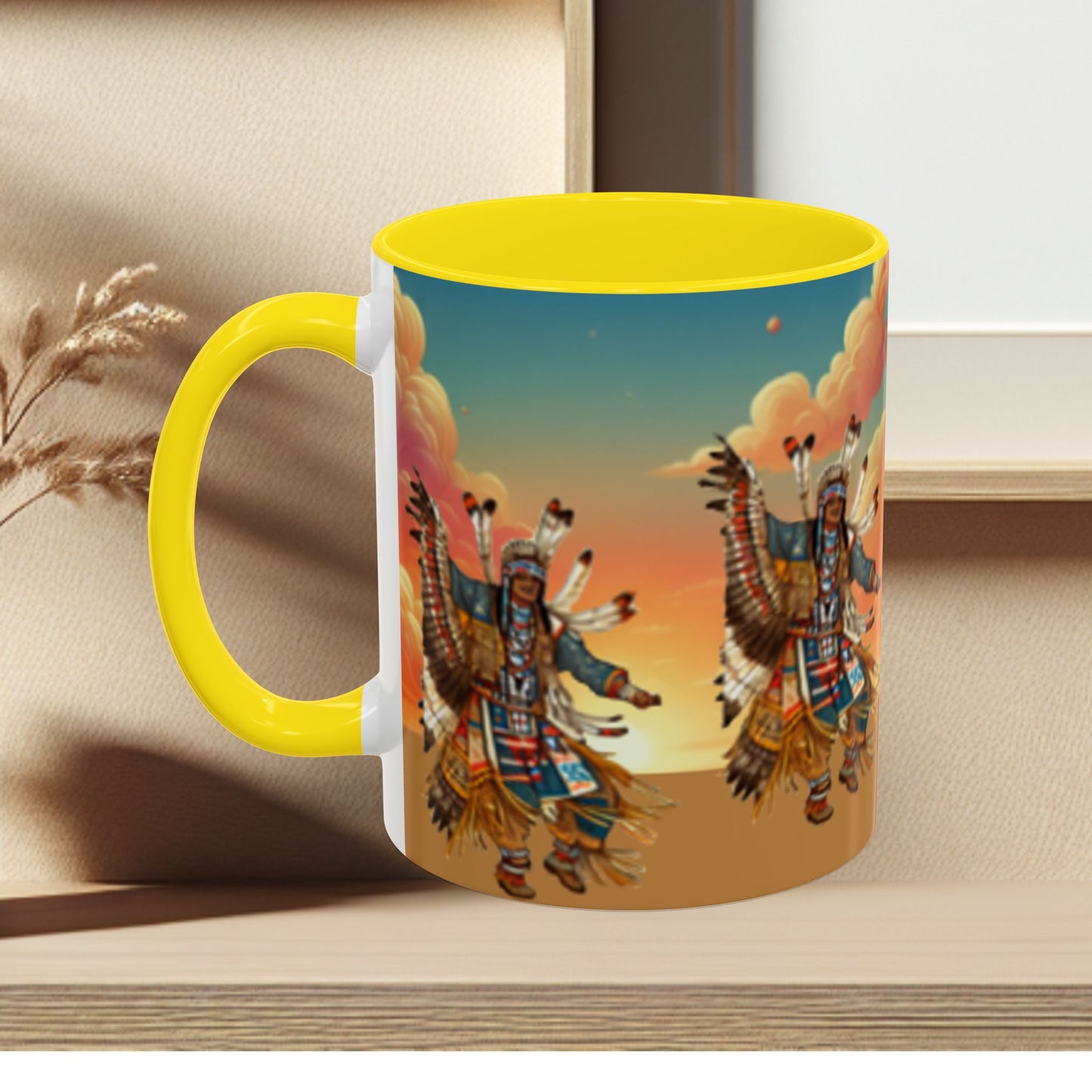 Sunset Powwow Ceramic Mug — Native American Dancer Accent Coffee Mug (11/15oz)