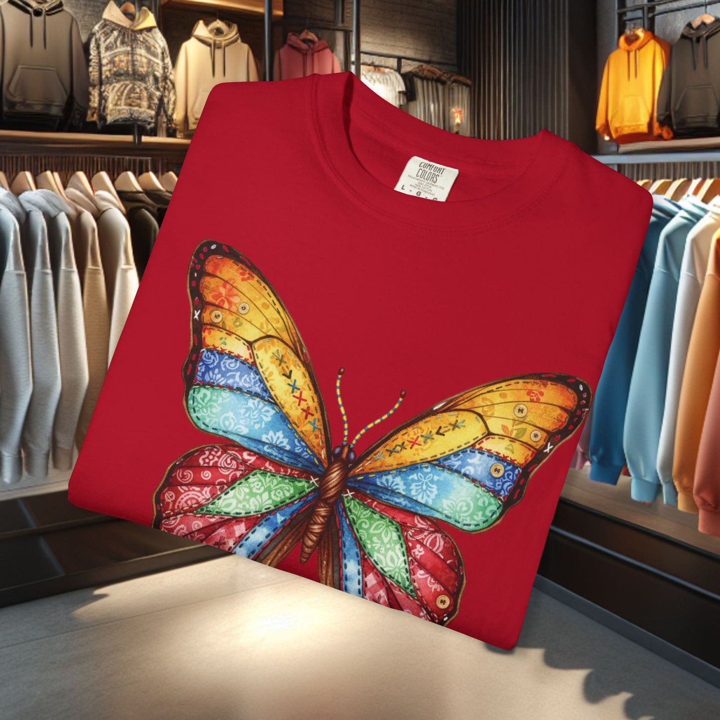 Bright Colorful Patchwork Butterfly T-Shirt — pho Patchwork Garment-Dyed Top