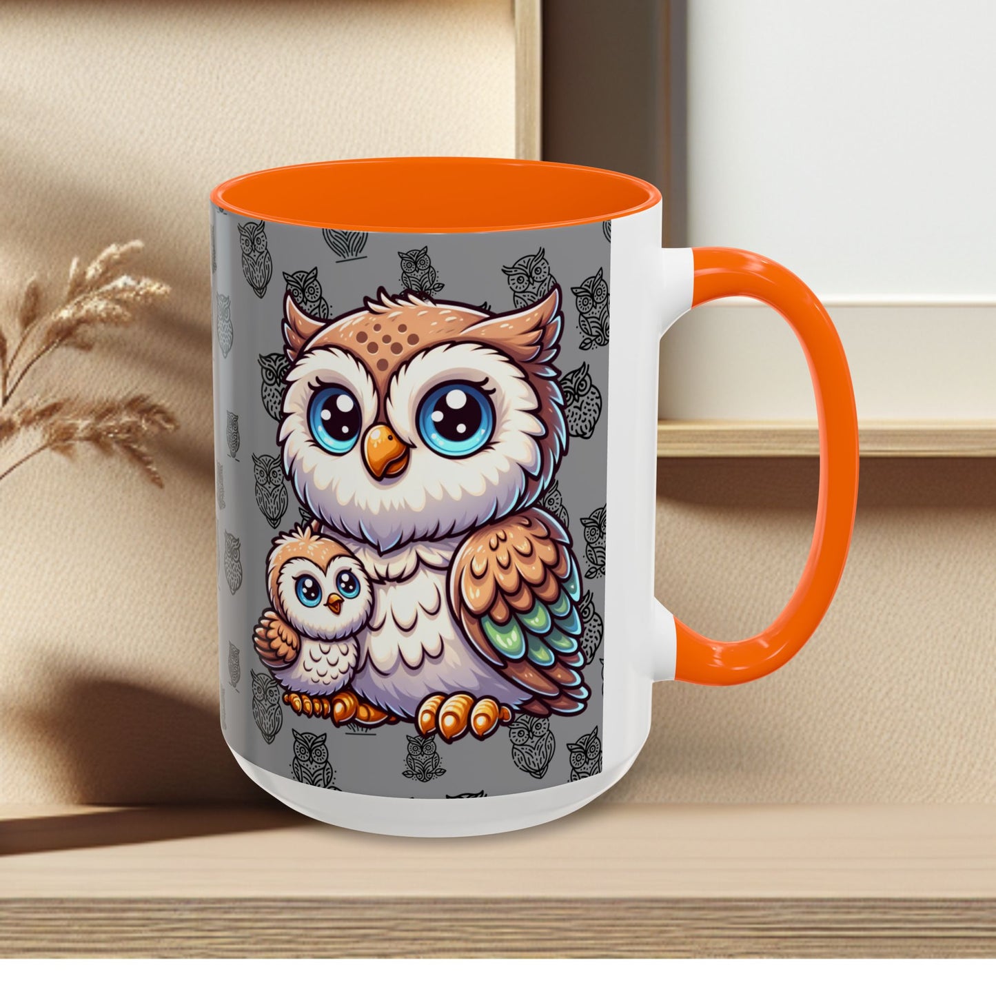 Gray Coffee Mug - Owl Family - Colorful Inspirational Owl Design