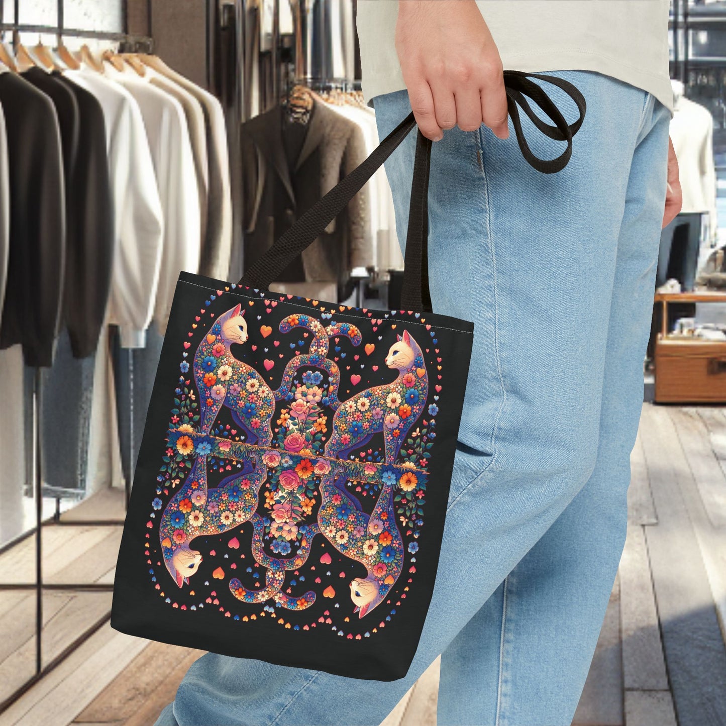 Mosaic Loving Cat Black Tote Bag (AOP)