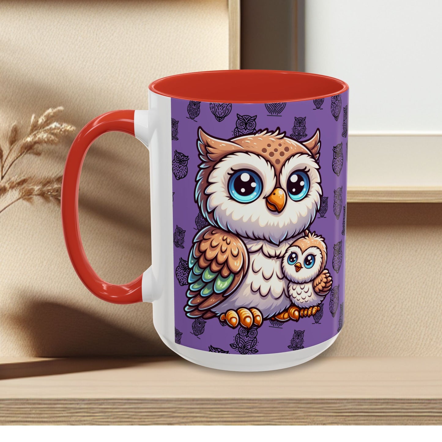 Purple Coffee Mug - Owl Family - Colorful Inspirational Owl Design