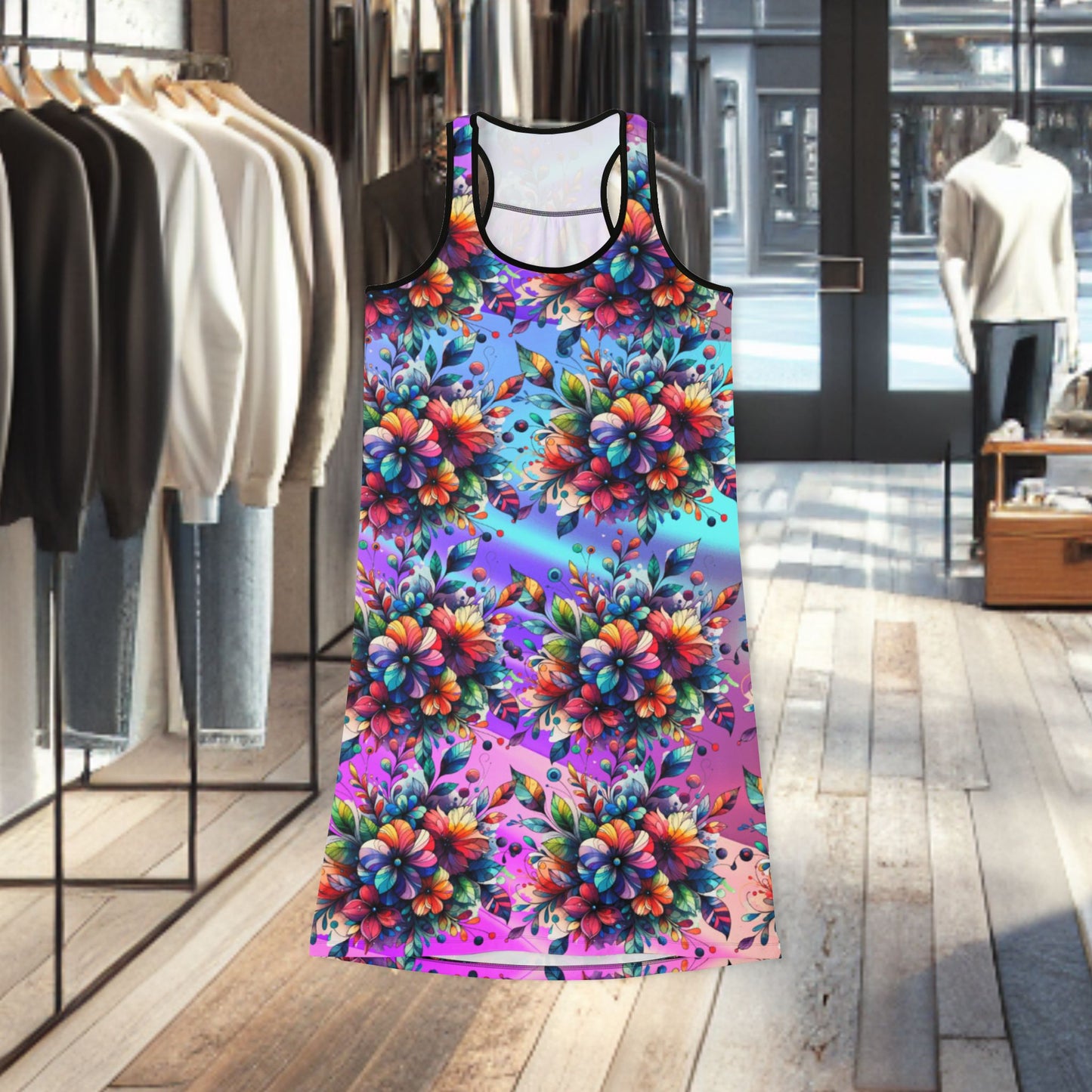 Floral Burst Racerback Dress — Vibrant Color Bouquet All-Over Print