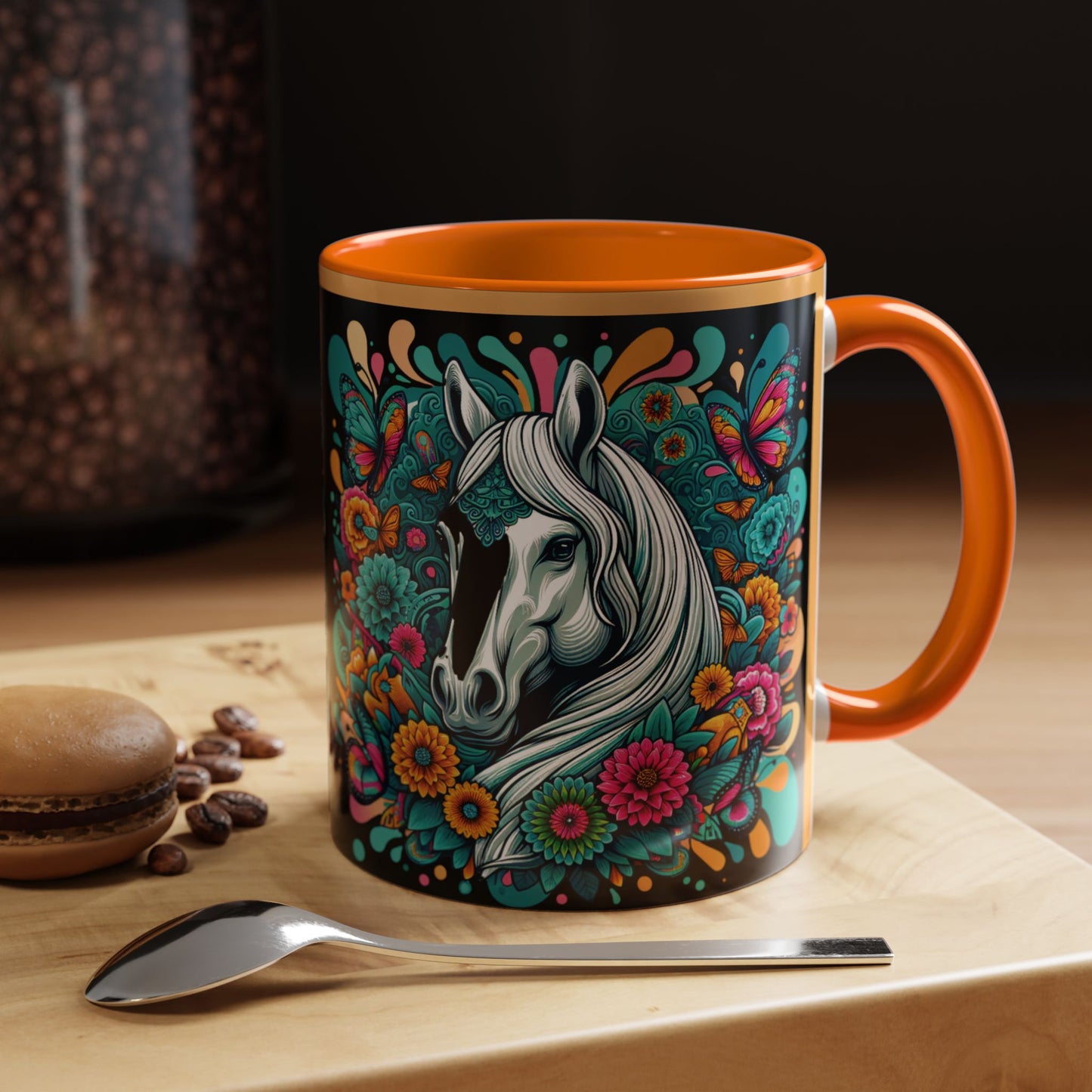 Coffee Mug White Horses with Blue Highlights in Flowers - Mug