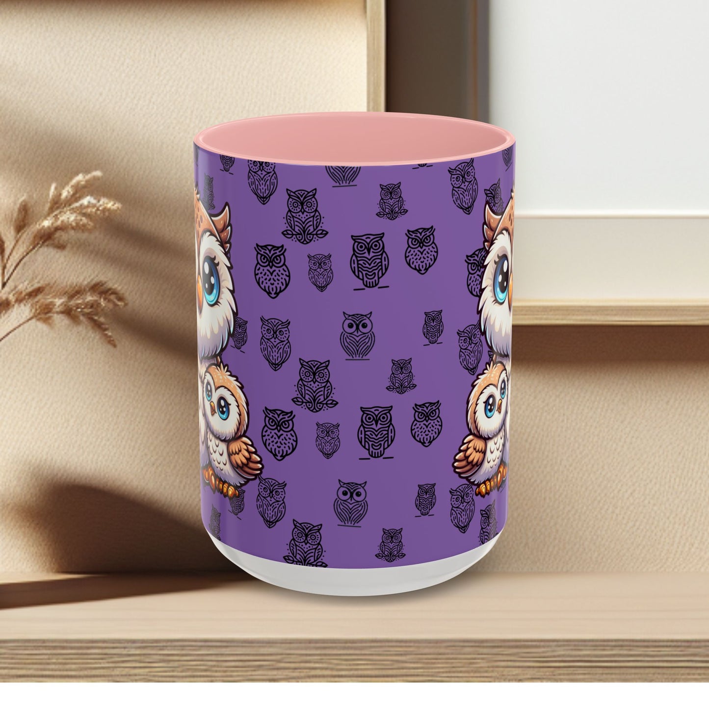 Purple Coffee Mug - Owl Family - Colorful Inspirational Owl Design