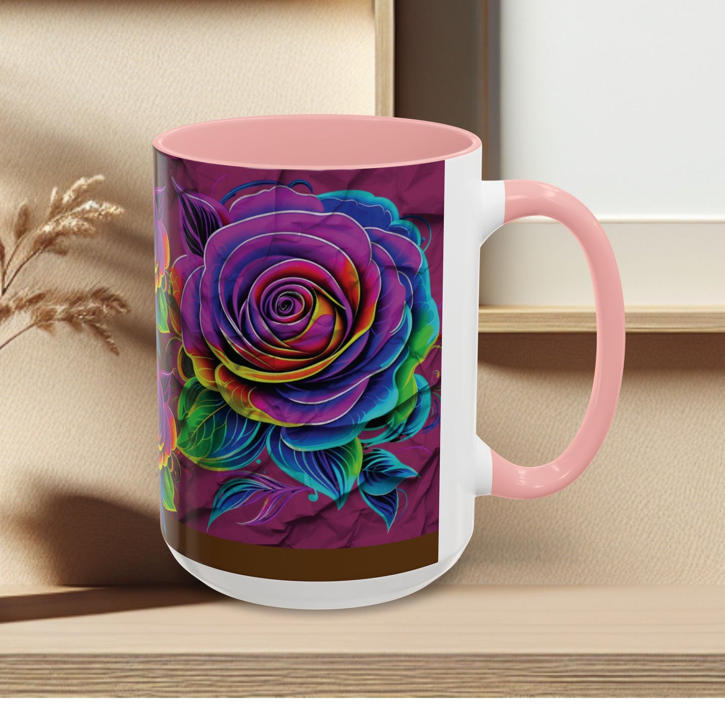 Rainbow Rose Accent Coffee Mug — Colorful Floral 11/15oz