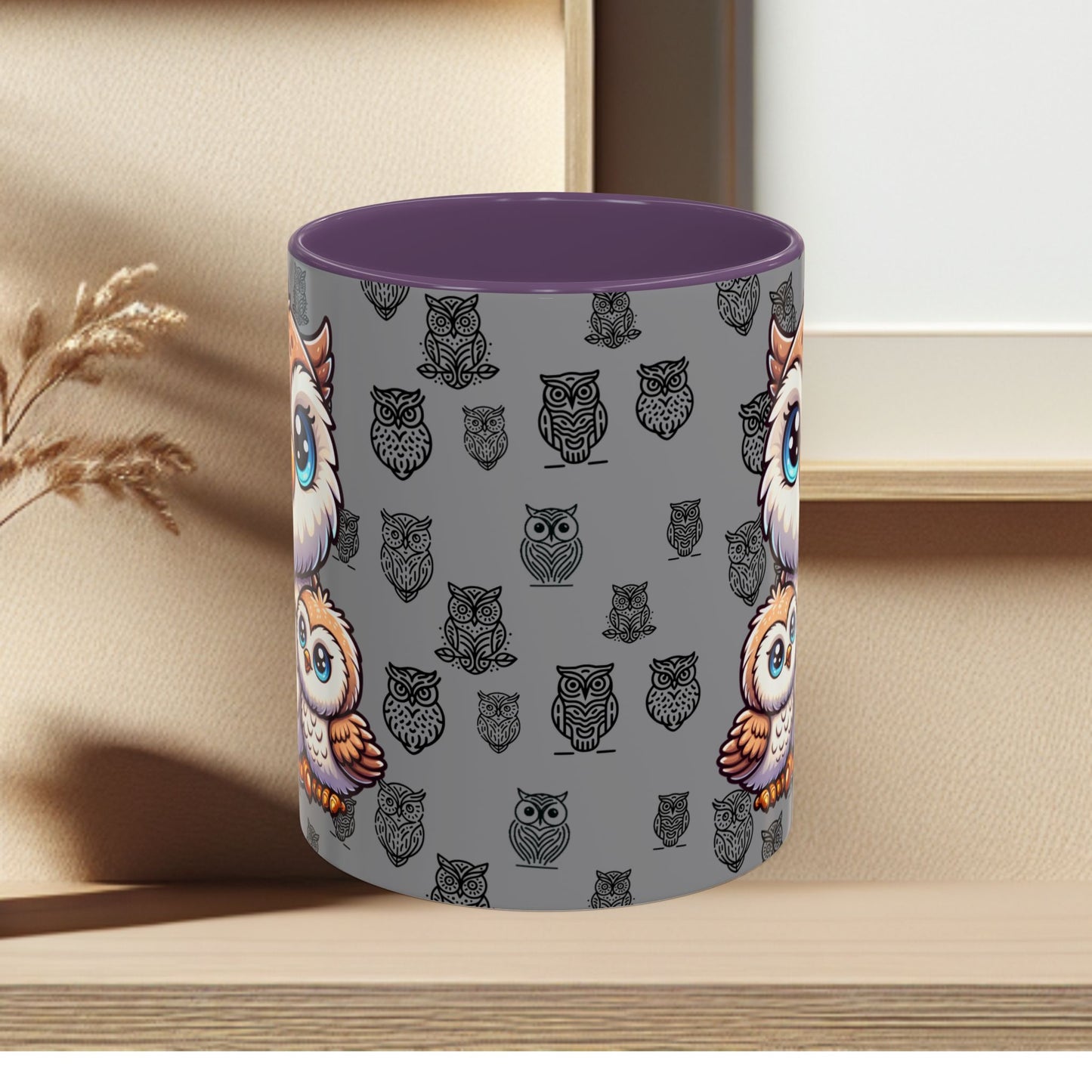 Gray Coffee Mug - Owl Family - Colorful Inspirational Owl Design