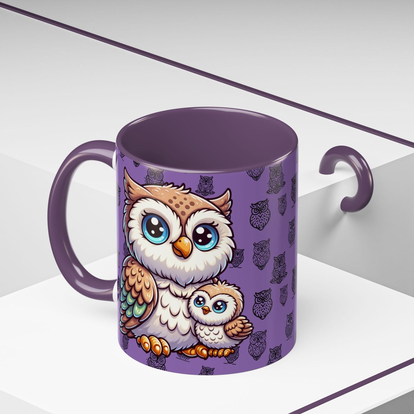 Purple Coffee Mug - Owl Family - Colorful Inspirational Owl Design