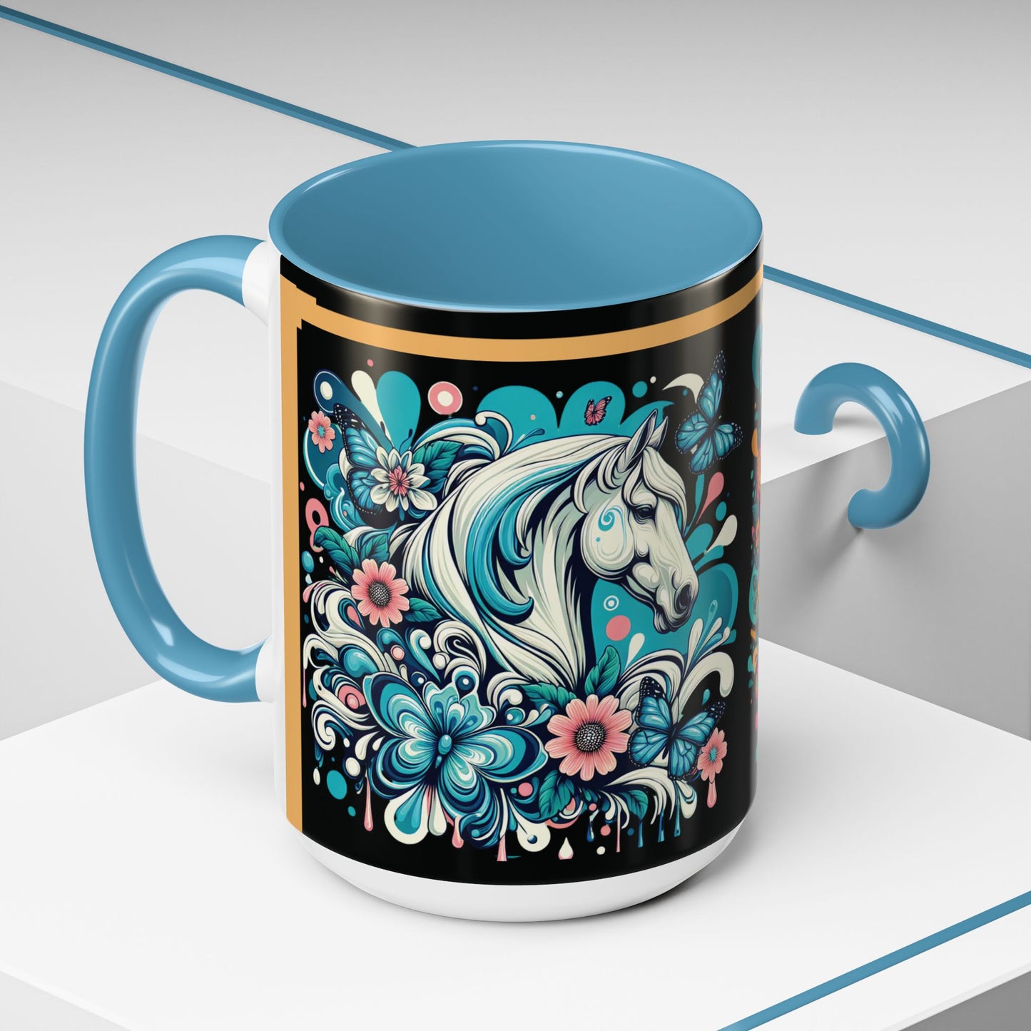 Coffee Mug White Horses with Blue Highlights in Flowers - Mug