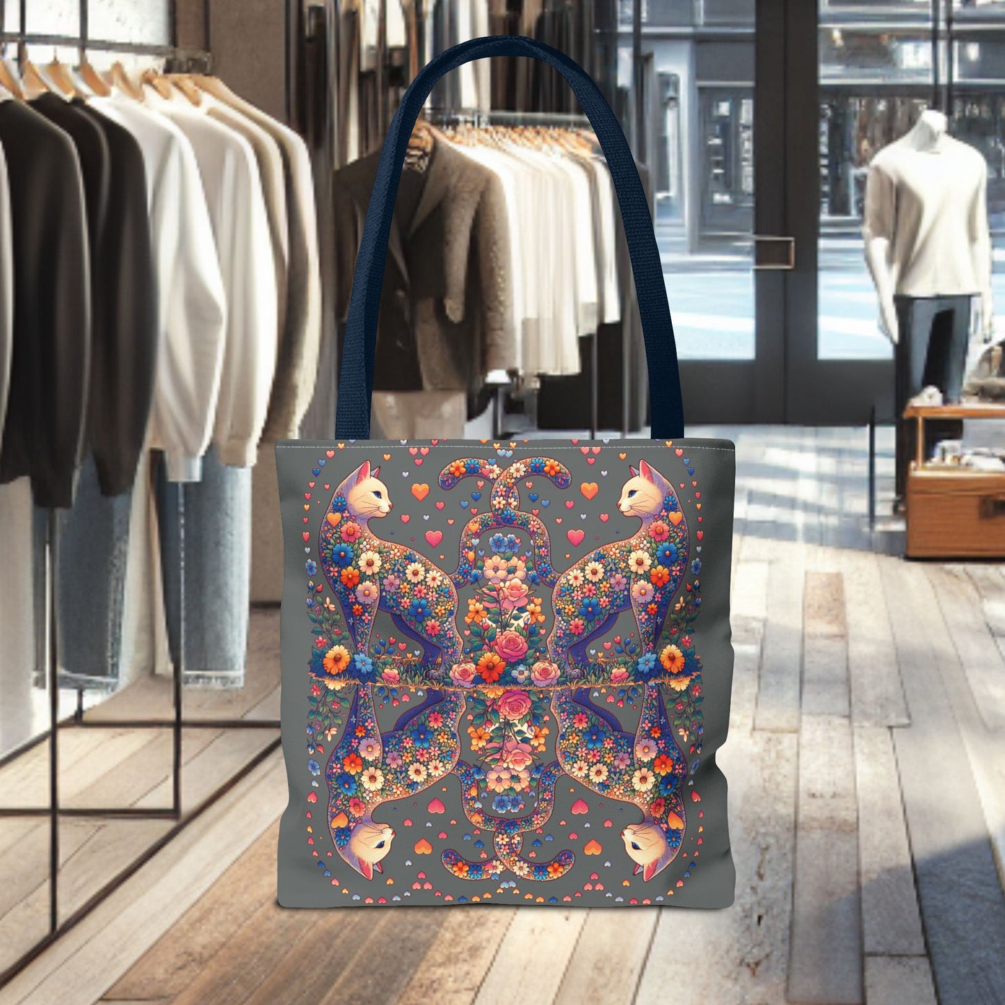 Mosaic Loving Cat Dark Gray Tote Bag (AOP)