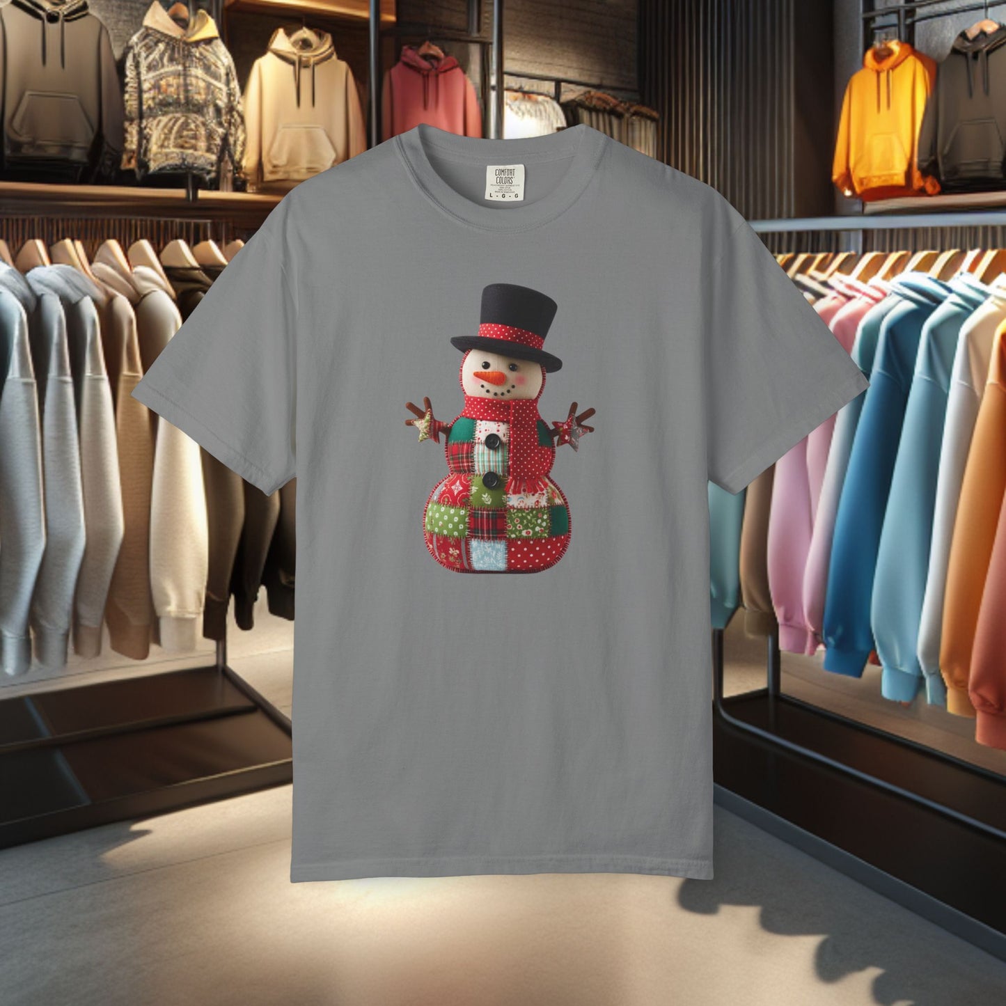 Patchwork Snowman T-Shirt — "Faux Patchwork" Garment-Dyed