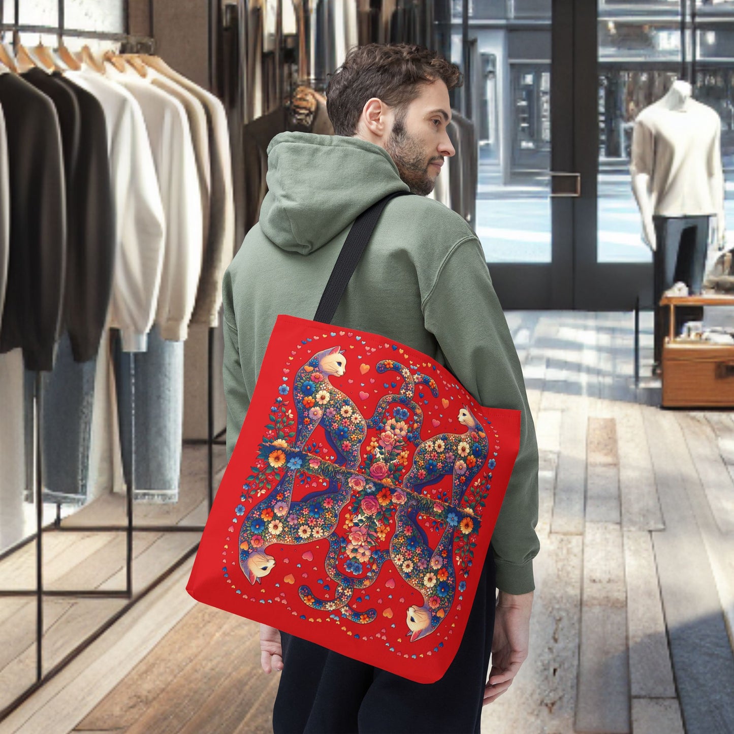 Loving Cat Flower Mozaic Tote Bag Dark Red
