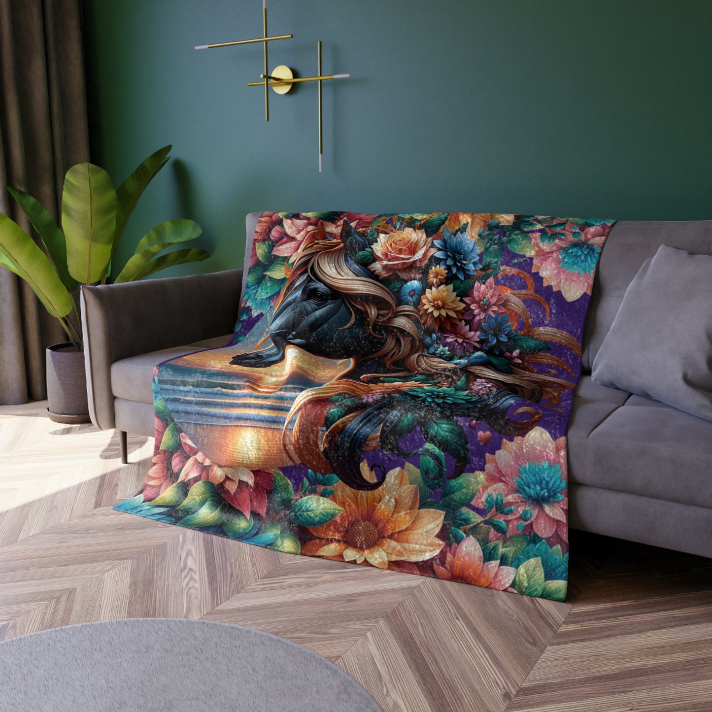 Horse Floral Sunset--Crushed Velvet Blanket — Throw