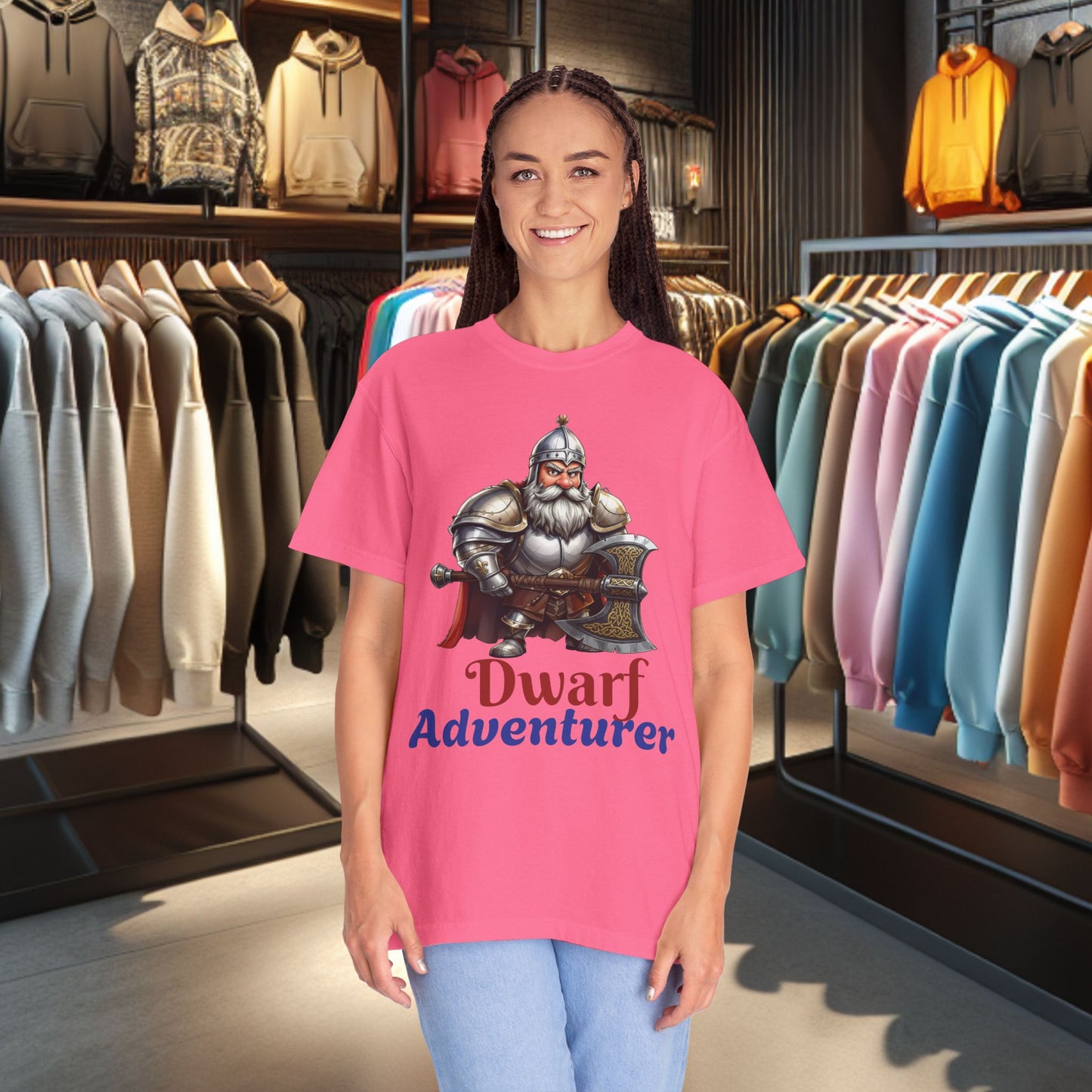 Dwarf Adventurer Tee — Dwarf with Armor and Battle Axe Graphic T-Shirt
