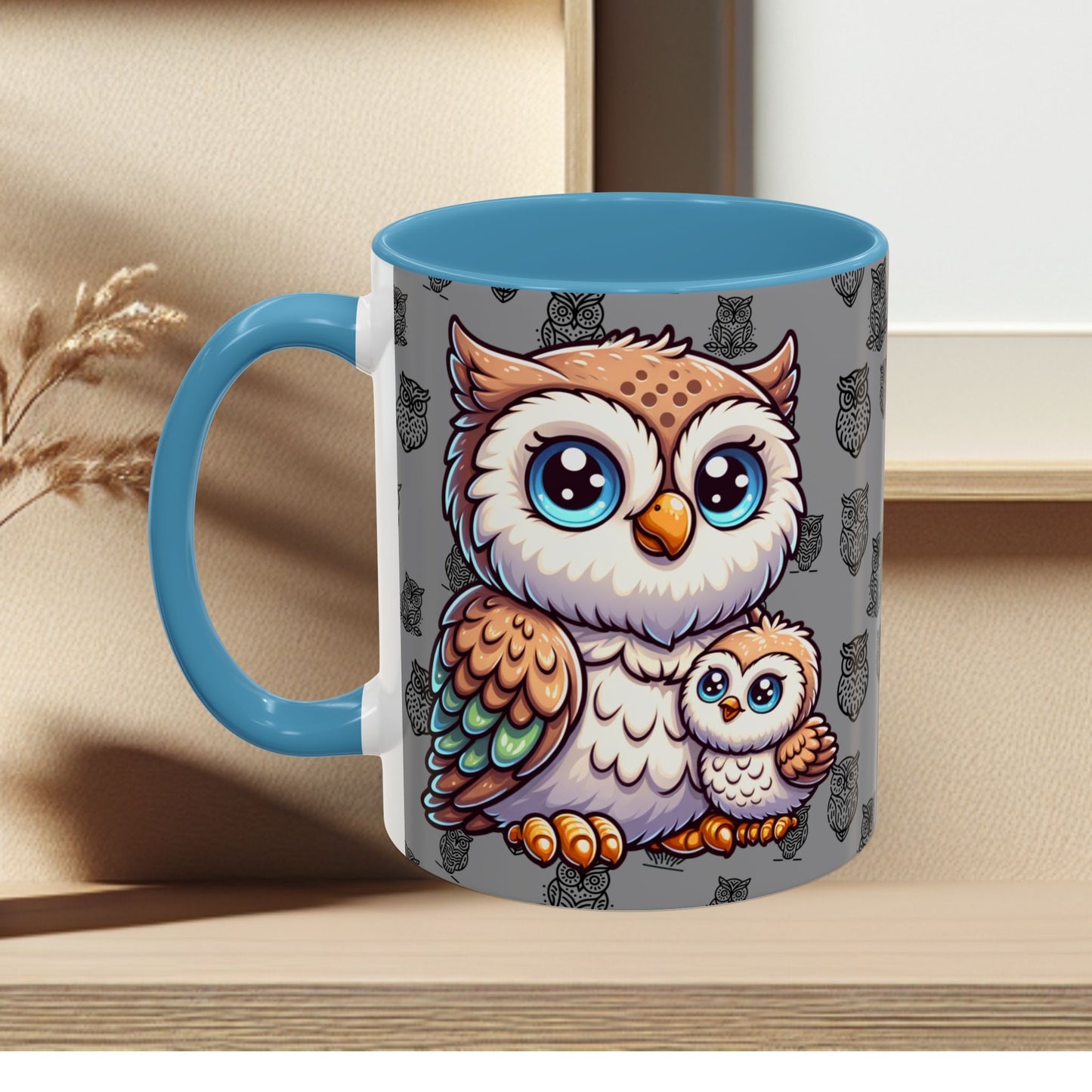 Gray Coffee Mug - Owl Family - Colorful Inspirational Owl Design