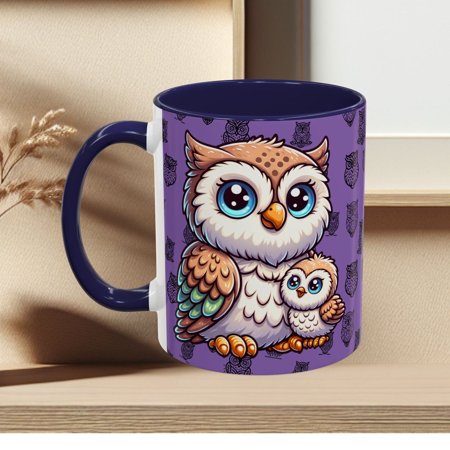 Purple Coffee Mug - Owl Family - Colorful Inspirational Owl Design