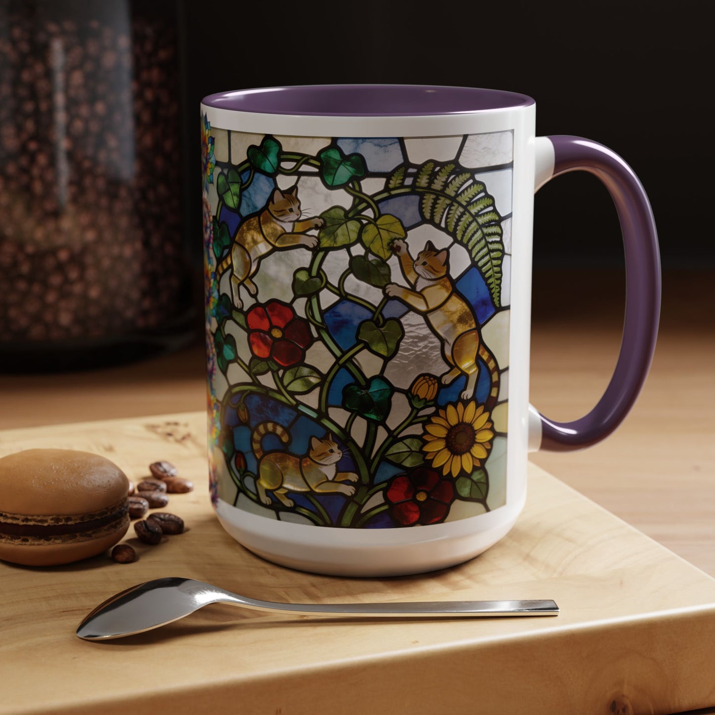 Stained Glass Cats Accent Coffee Mug – Floral Tiffany-Style 11/15oz