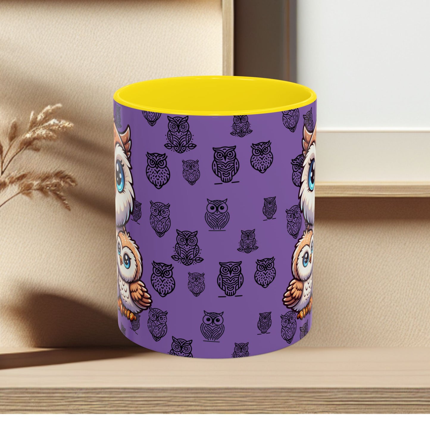 Purple Coffee Mug - Owl Family - Colorful Inspirational Owl Design