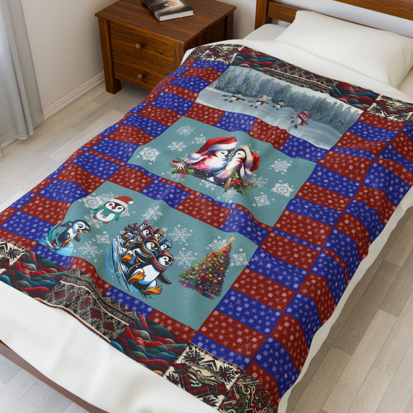 Winter Fun Velveteen Plush Blanket — Snowmen, Penguins & Birds in Love Throw