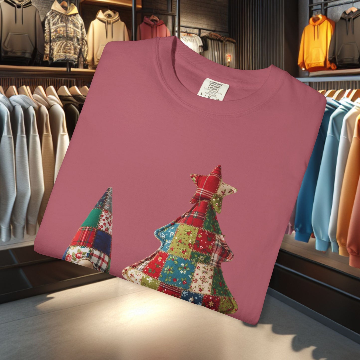 Patchwork Gnome and Christmas Tree, Garment-Dyed T-Shirt — pho Patchwork Festive Top