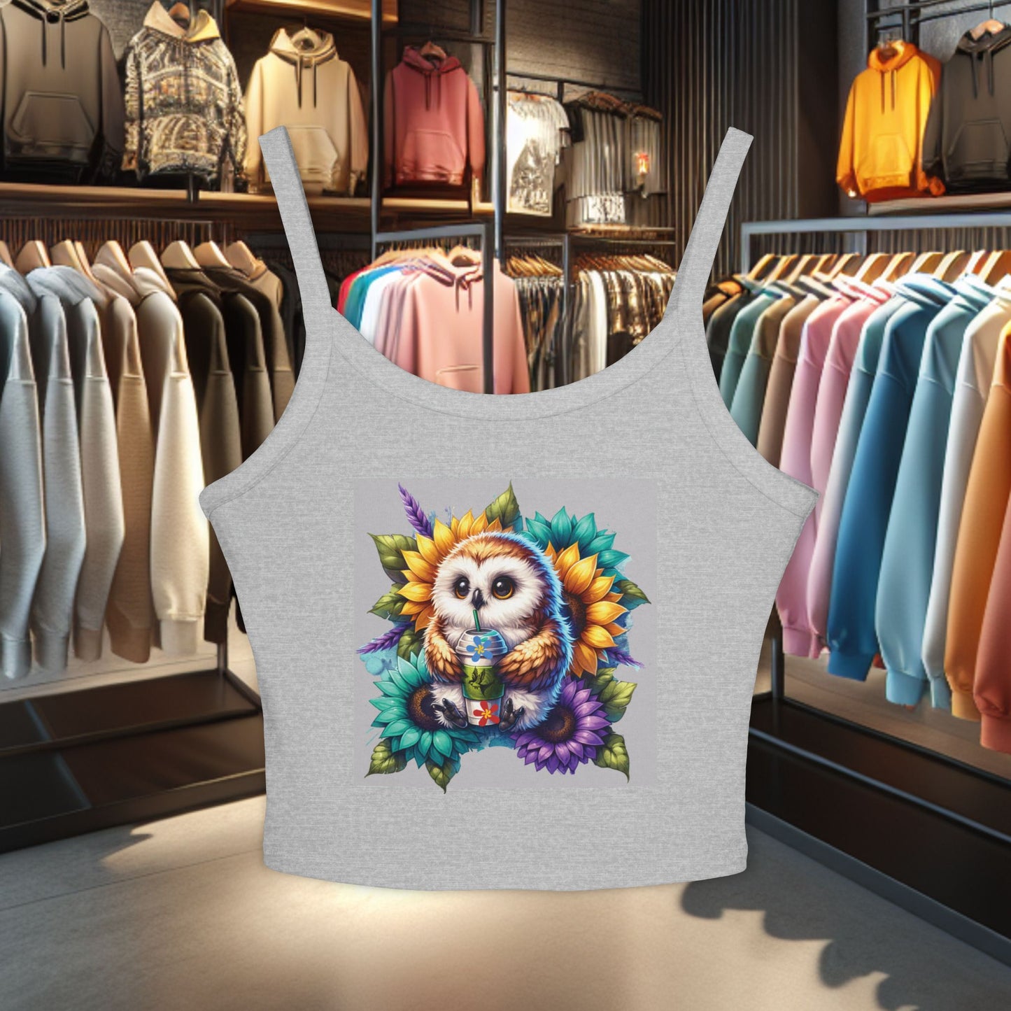 Owl With a Water Bottle Floral Tank Top - Women's Spaghetti Strap