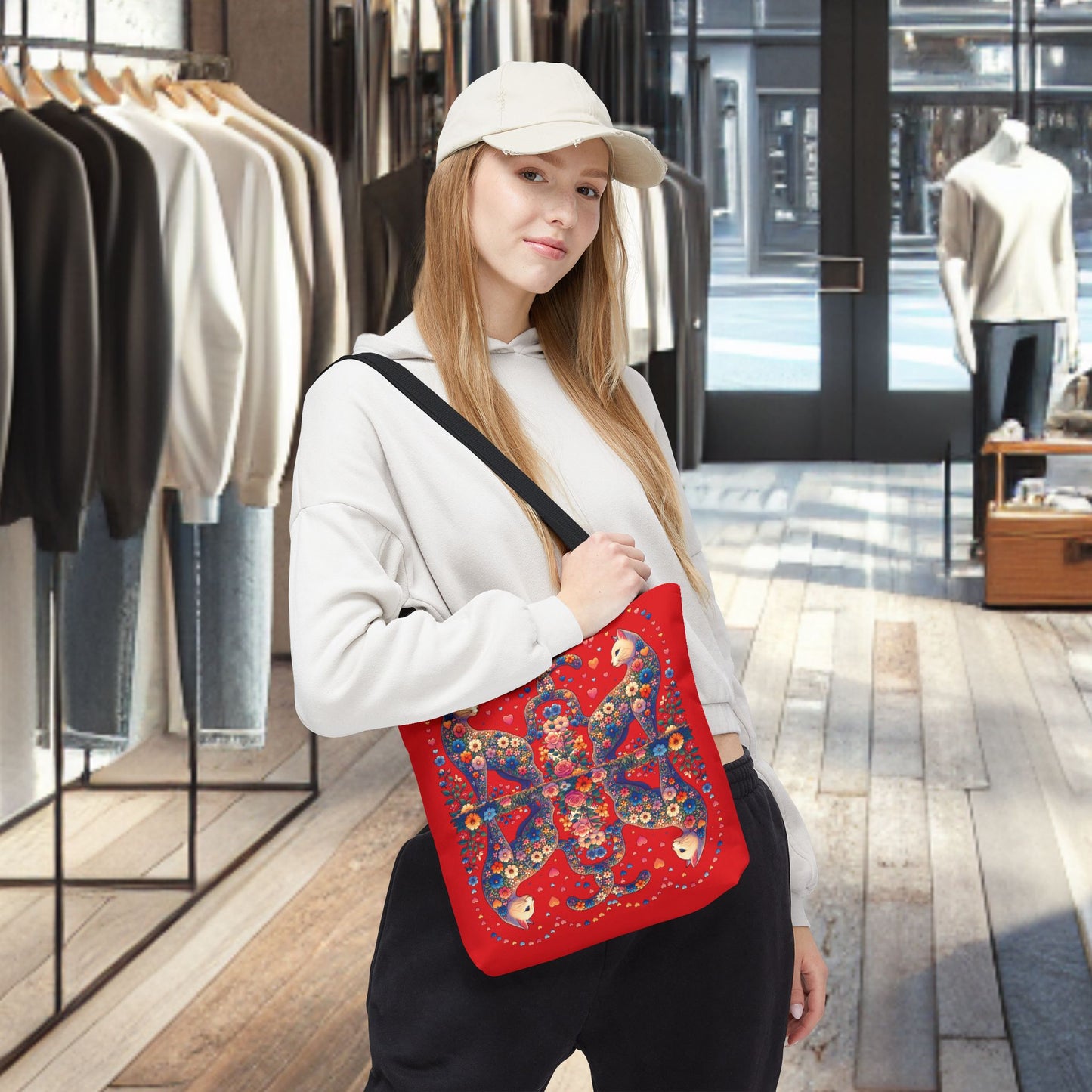 Loving Cat Flower Mozaic Tote Bag Dark Red