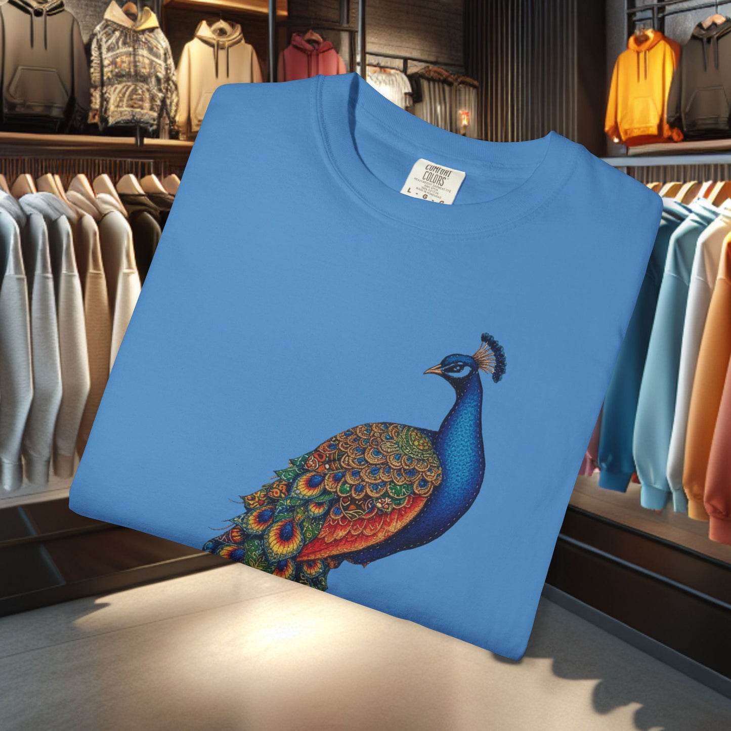 Patchwork Peacock, Garment-Dyed T-Shirt — pho Patchwork Festive Top