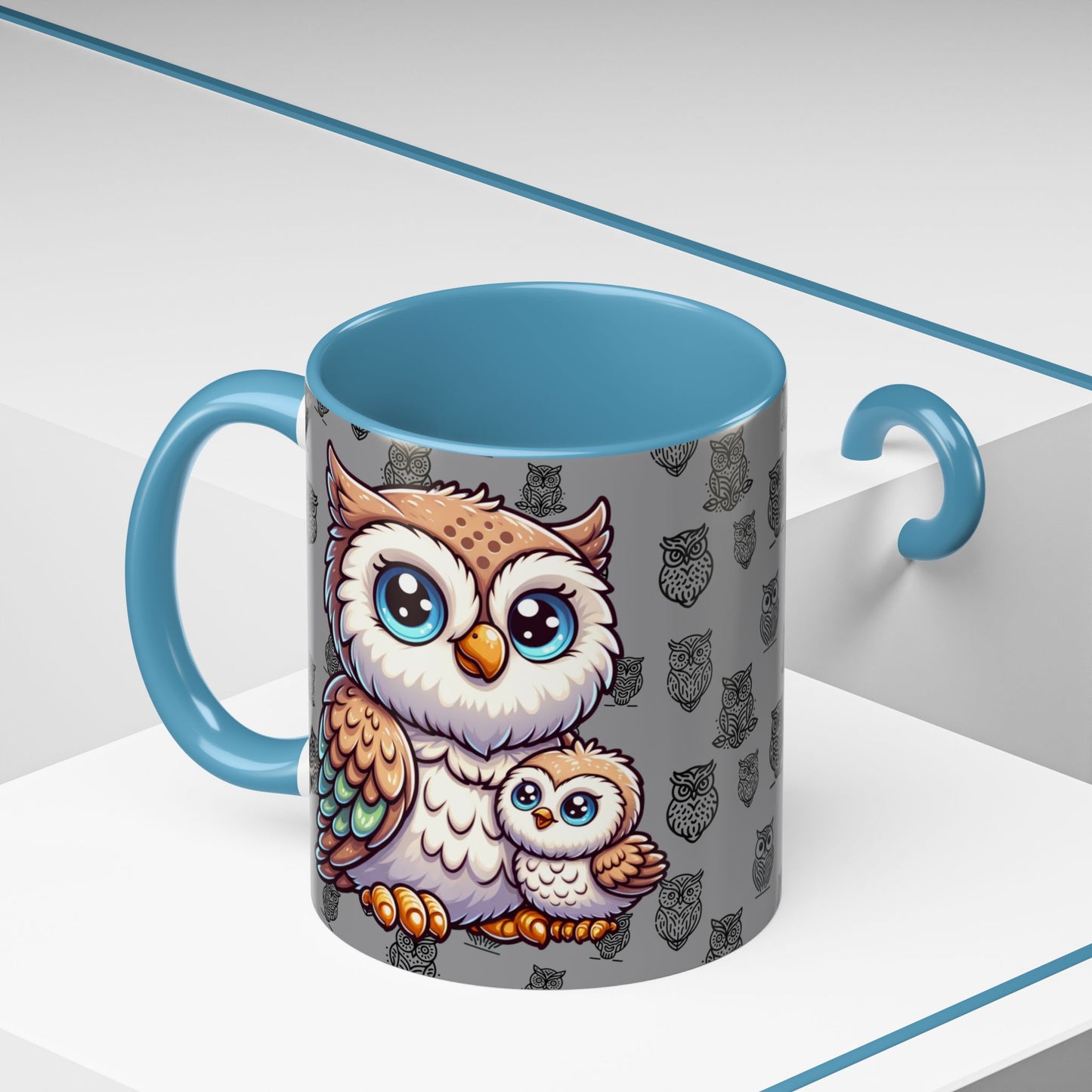Gray Coffee Mug - Owl Family - Colorful Inspirational Owl Design