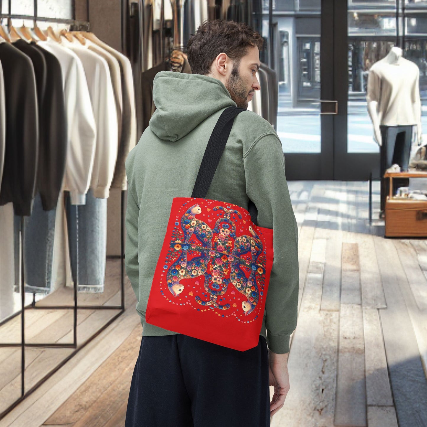 Loving Cat Flower Mozaic Tote Bag Dark Red