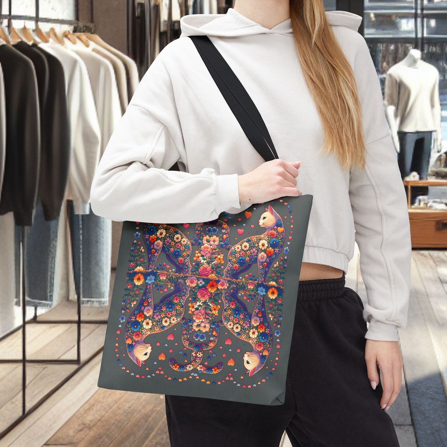 Mosaic Loving Cat Dark Gray Tote Bag (AOP)