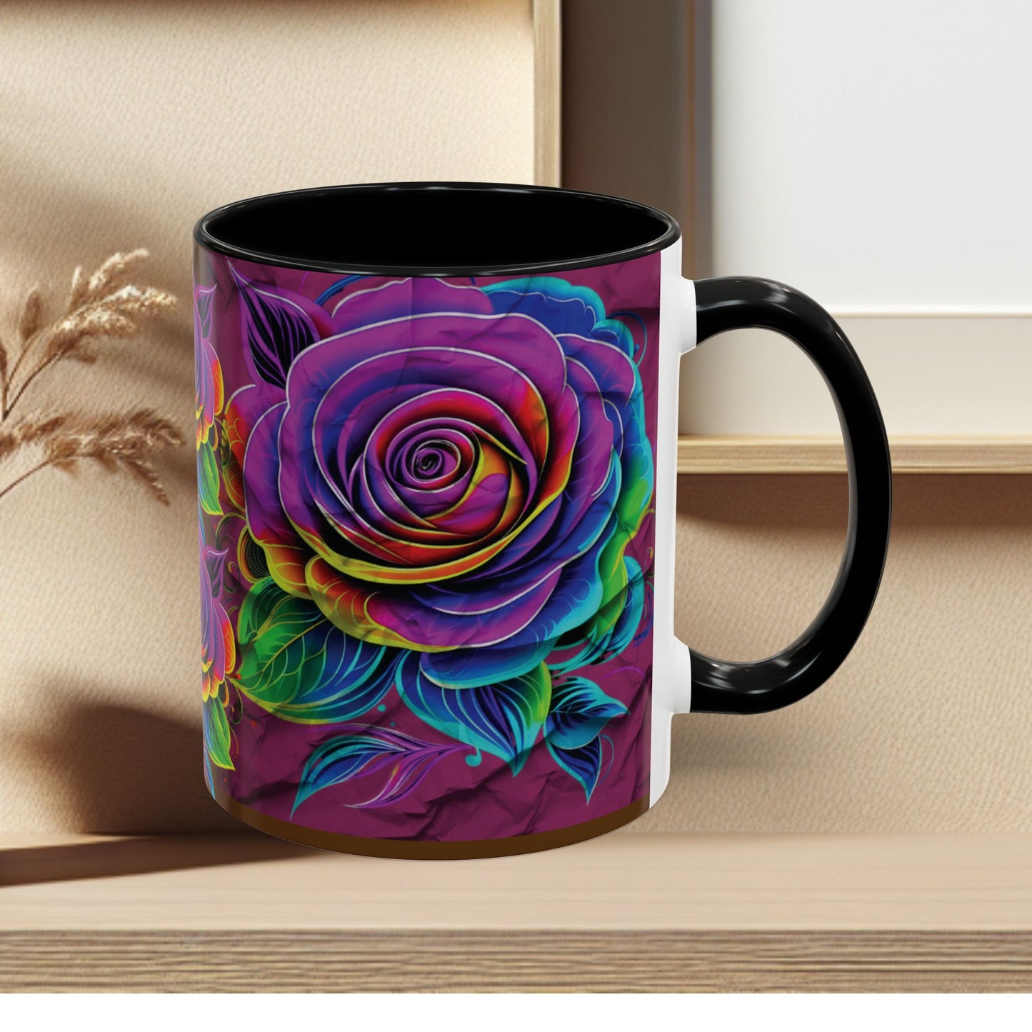 Rainbow Rose Accent Coffee Mug — Colorful Floral 11/15oz