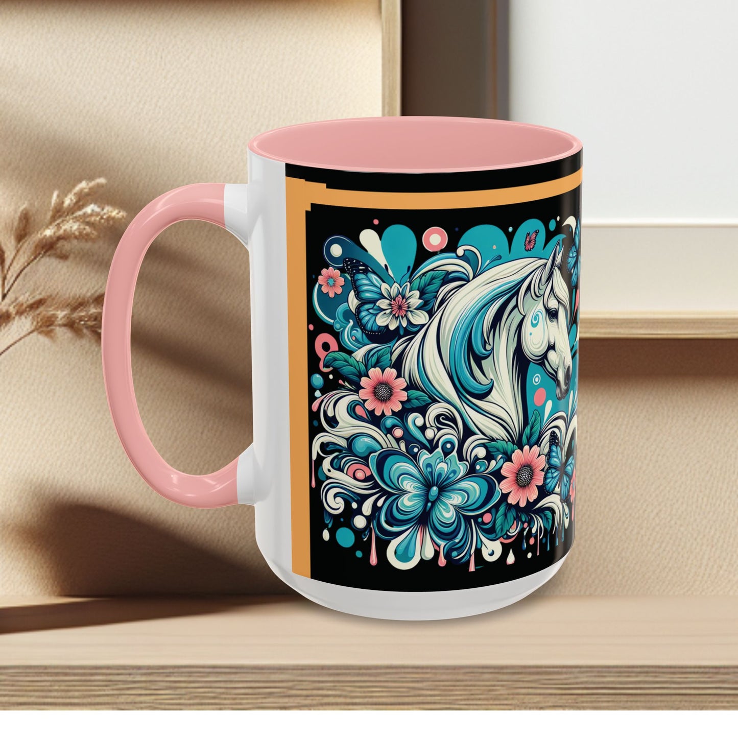 Coffee Mug White Horses with Blue Highlights in Flowers - Mug