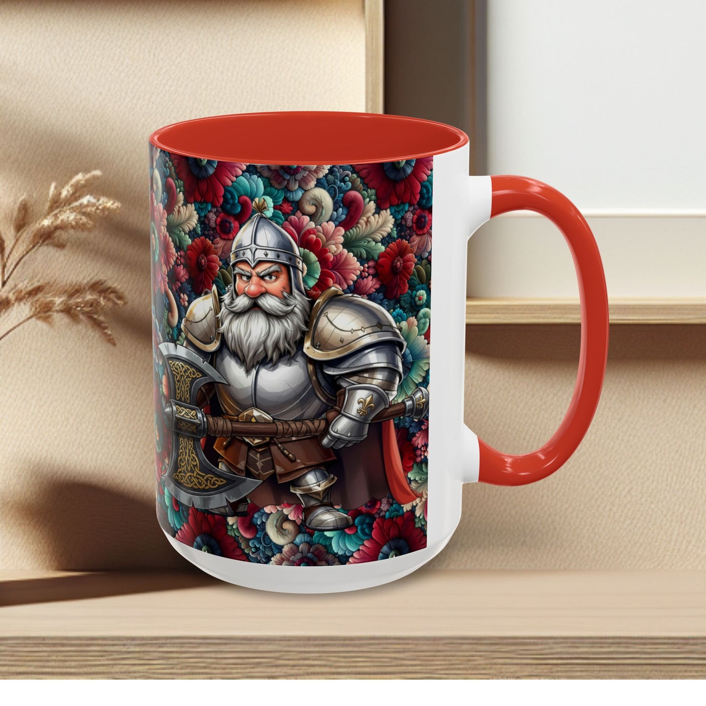 Adventurers Accent Coffee Mug — Dwarf within Armor with a Double-Bladed Battle Axe Design (11/15oz)