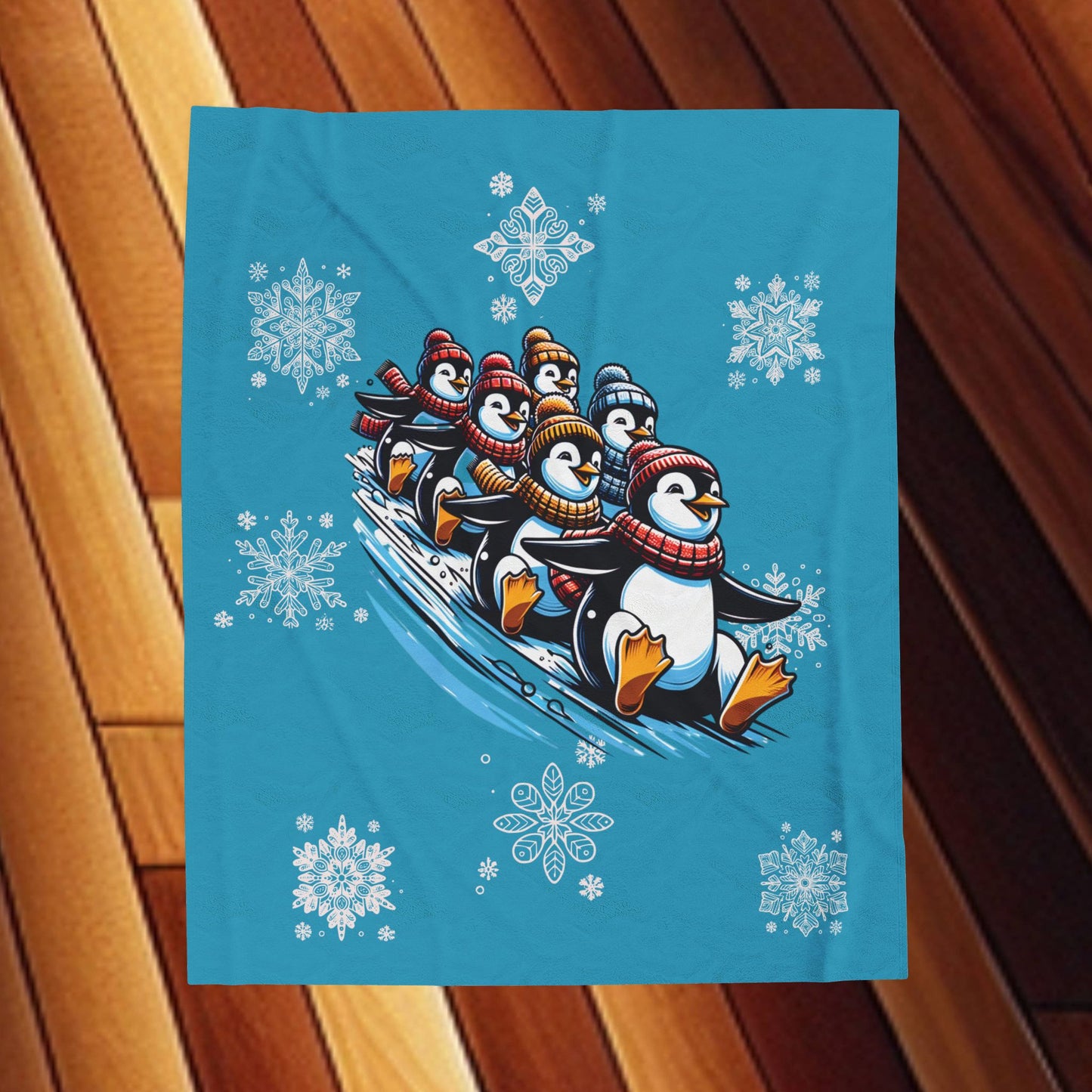 Sledding Penguins - Velveteen Plush Blanket