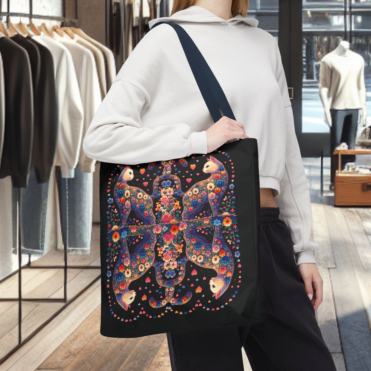 Mosaic Loving Cat Black Tote Bag (AOP)