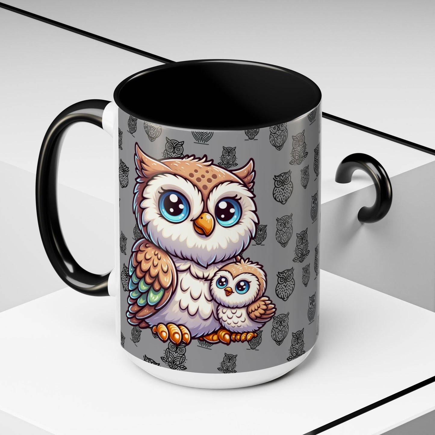 Gray Coffee Mug - Owl Family - Colorful Inspirational Owl Design
