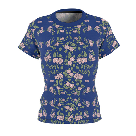 Women's Tee - Blue with a pink floral print